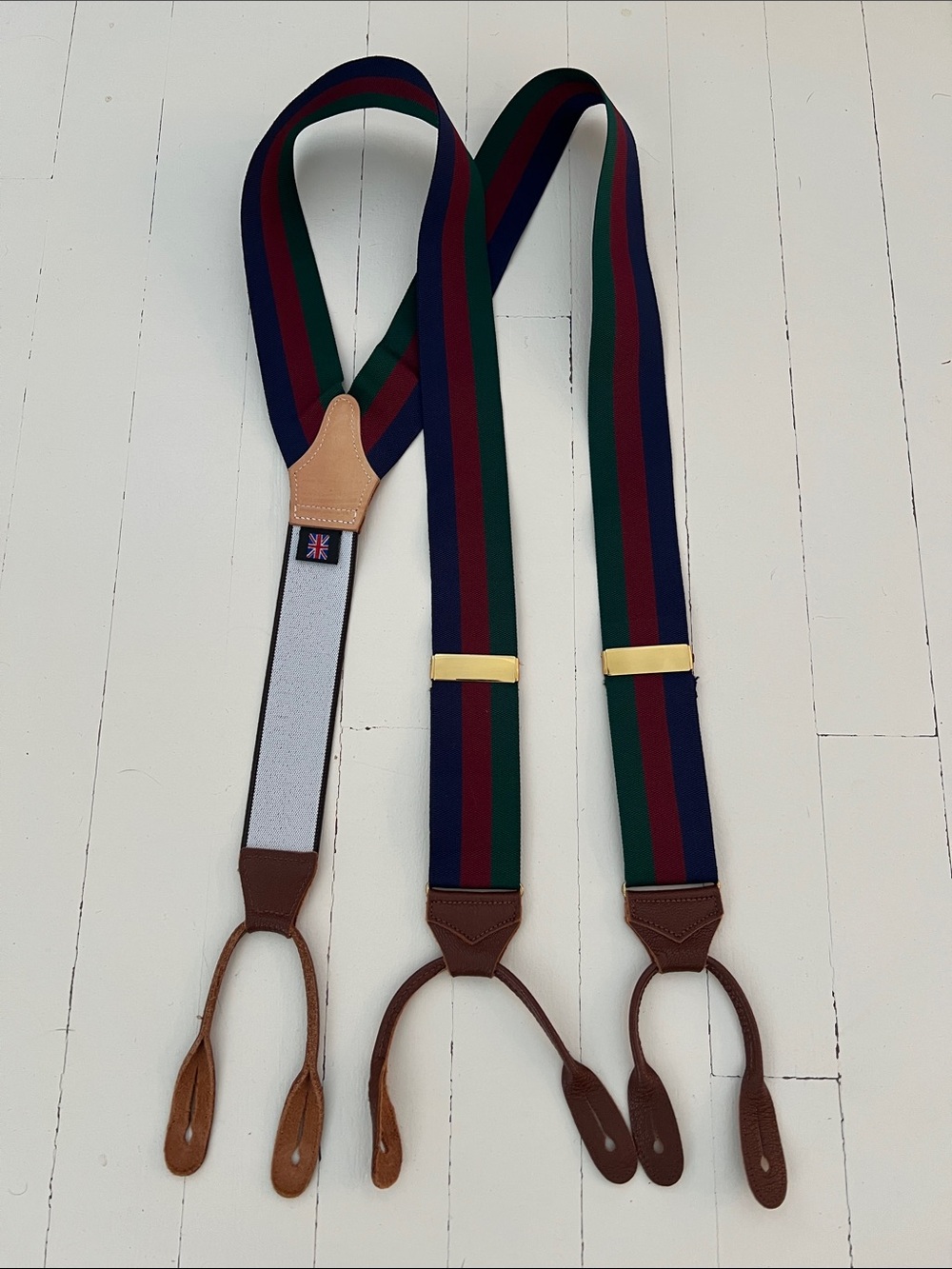 Albert Thurston Navy/Burgundy/Green Striped Brown Leather Trim Suspenders